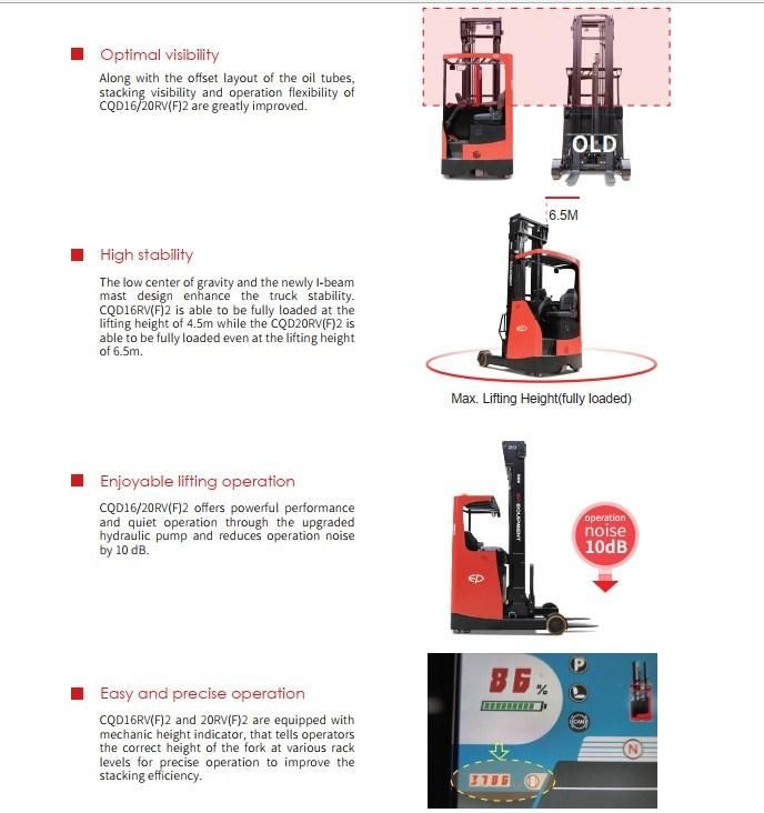 Ep 2.0t Sit-Down Reach Truck with High Lifting 12m and Good Operation