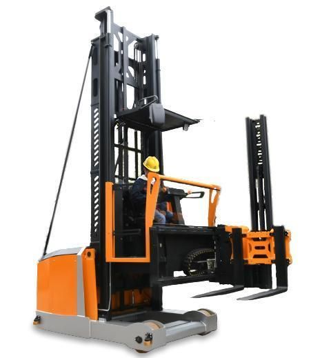 Man-up High Lift 1.5ton Electric Three 3 Way Stacker Forklift Truck for High Rack Warehouse Material Handling