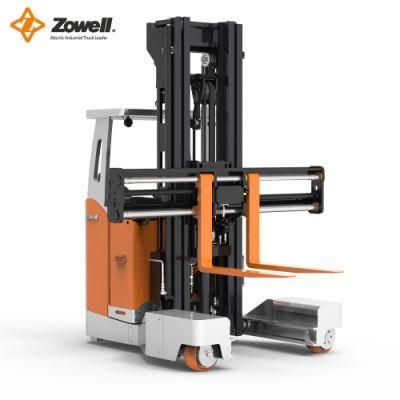 Zowell 3t Electric Multi-Directonal Full Direction Reach Truck Forklift for Long Length Cargo with Fork Positioner 4 Forks Lithium Battery