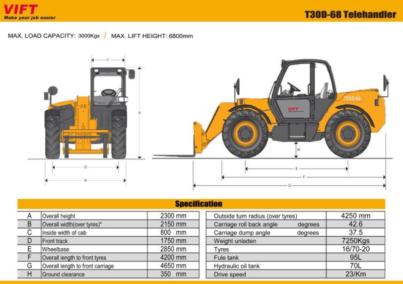 China Vift Manufacturer Supply 3 Ton Telescopic Diesel Power Forklift with 6800mm Lifting Height