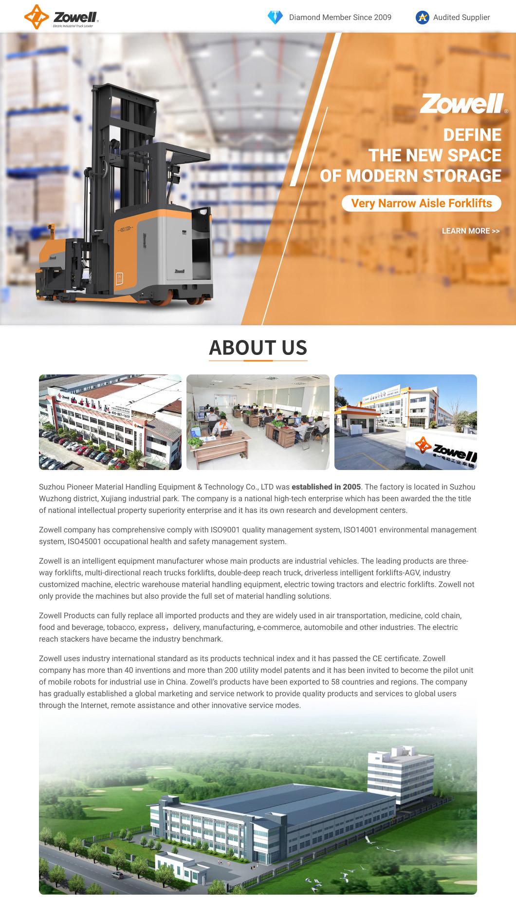 Zowell Standing on 1.5 Ton Electric Battery Reach Truck Can Be Customized CE ISO9001