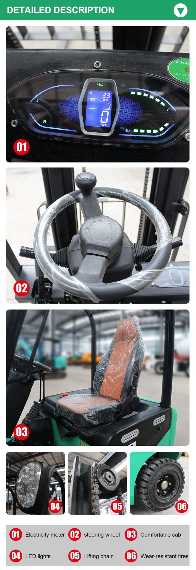 China Electric Forklift 1 Ton 1.5 Ton 2 Ton 3 Ton New Forklift Container Mast Side Shift 48V Forklift Electric Motor