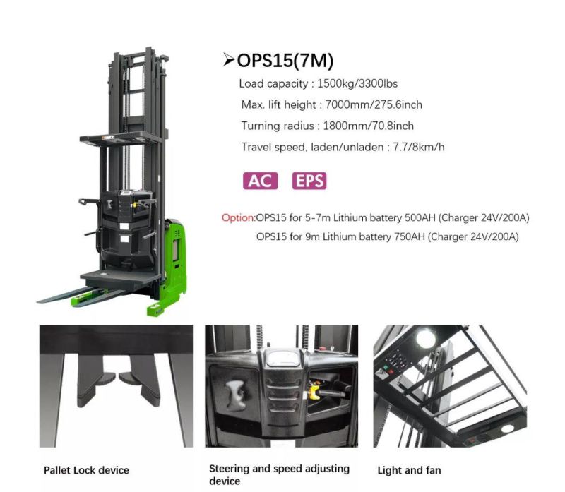 1500kg 1.5ton Max Lift Height 9m Electric High Level Order Picker Truck with AC Motor