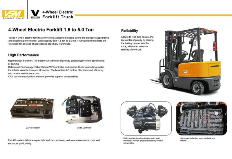 Vsm 2.5 Ton Battery Forklift Electric Forklift, with Lift Height 3m