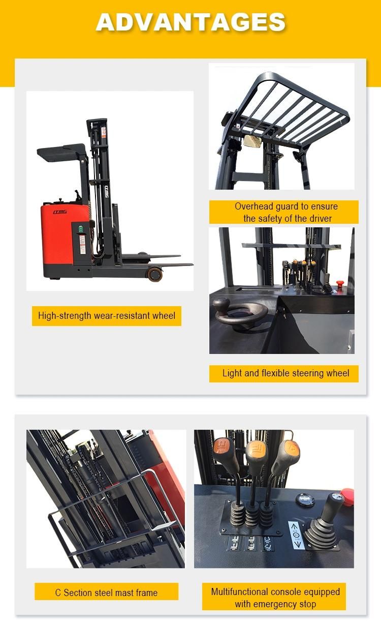 Ltmg Stand on Reach Forklift 1 Ton 1.5 Ton 2 Ton 3-Ways 4 Directions Electric Reach Truck with CE ISO