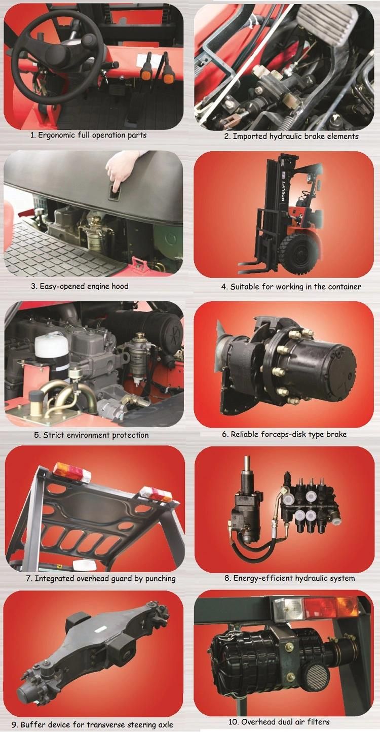 Triplex Mast 5t 6t 7t Diesel Forklift with Fork Positioner Solid Tire