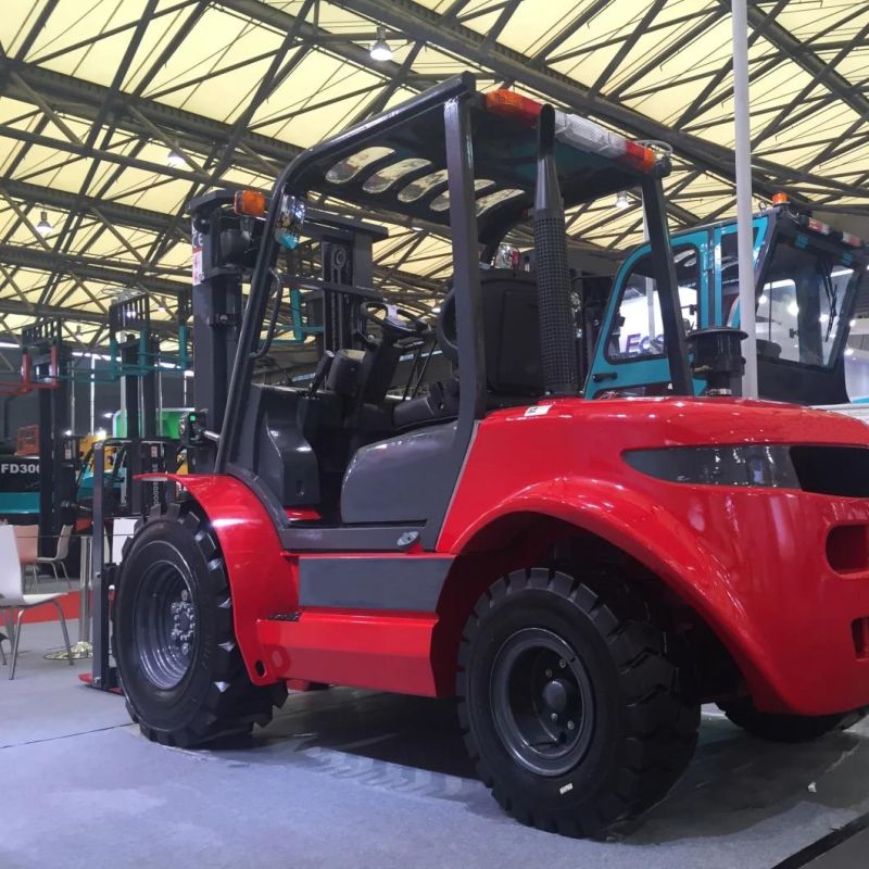 Ce Certified Diesel 3.5 Ton All Rough Terrain Forklift with A/C Cab, off Road Tires, Optional Lift Height 5m (4WD) , Triplex Mast Side Shifter Rear View Camera