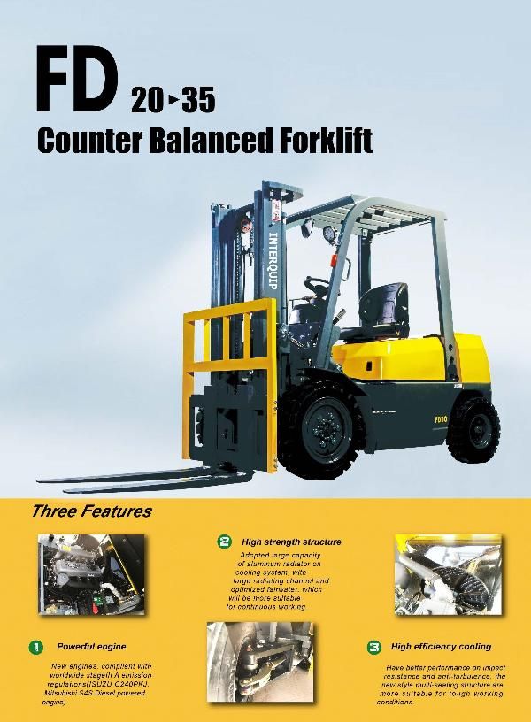 Optional Attachment Four Wheels 2000kg Diesel Forklift Truck with Side Shift