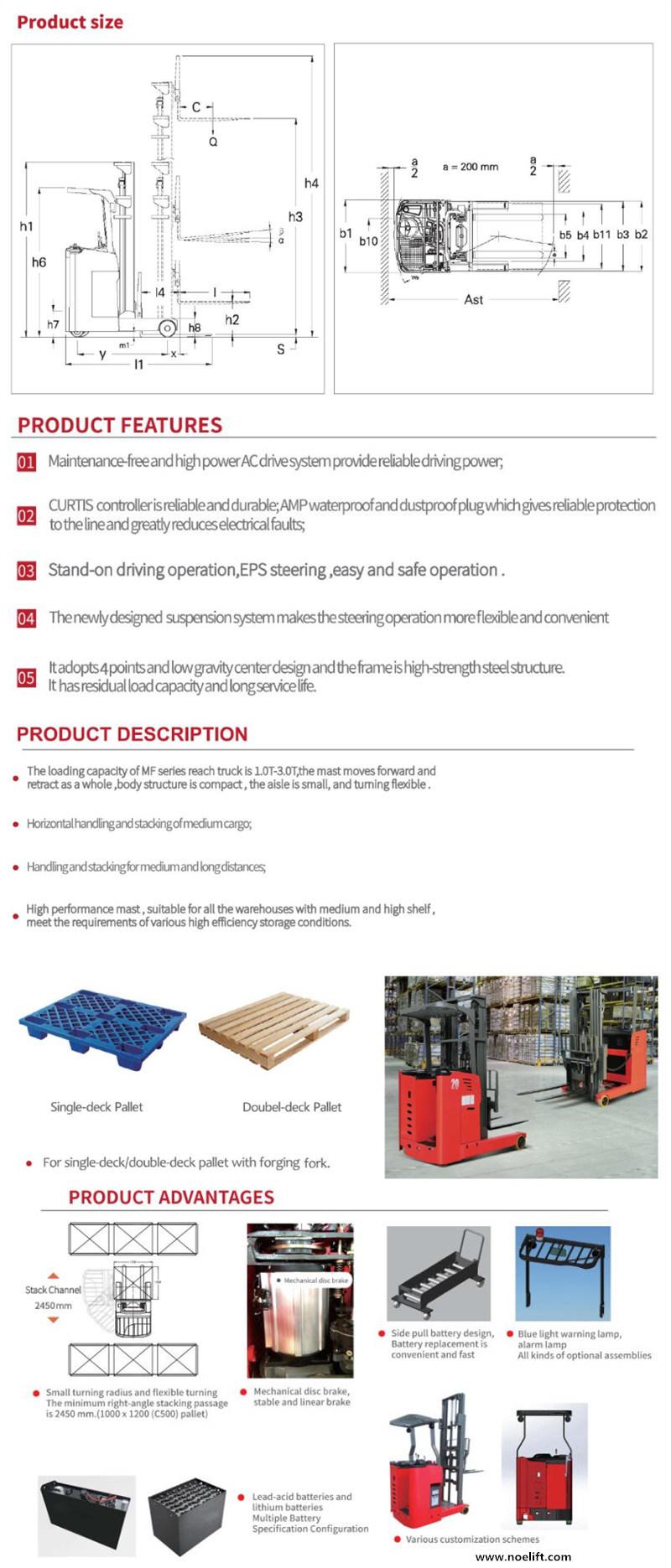 3t 2.5ton Stand-on Electric Reach Truck with 8m Tripex Mast, Side Shifter