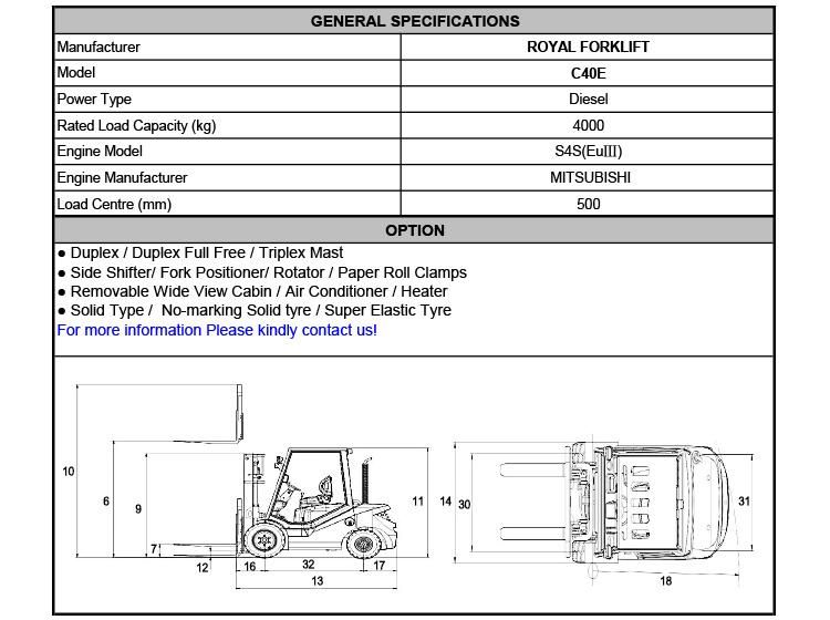 Royal Mino 5 Ton Diesel Forklift with Mitsubishi S6s Engine