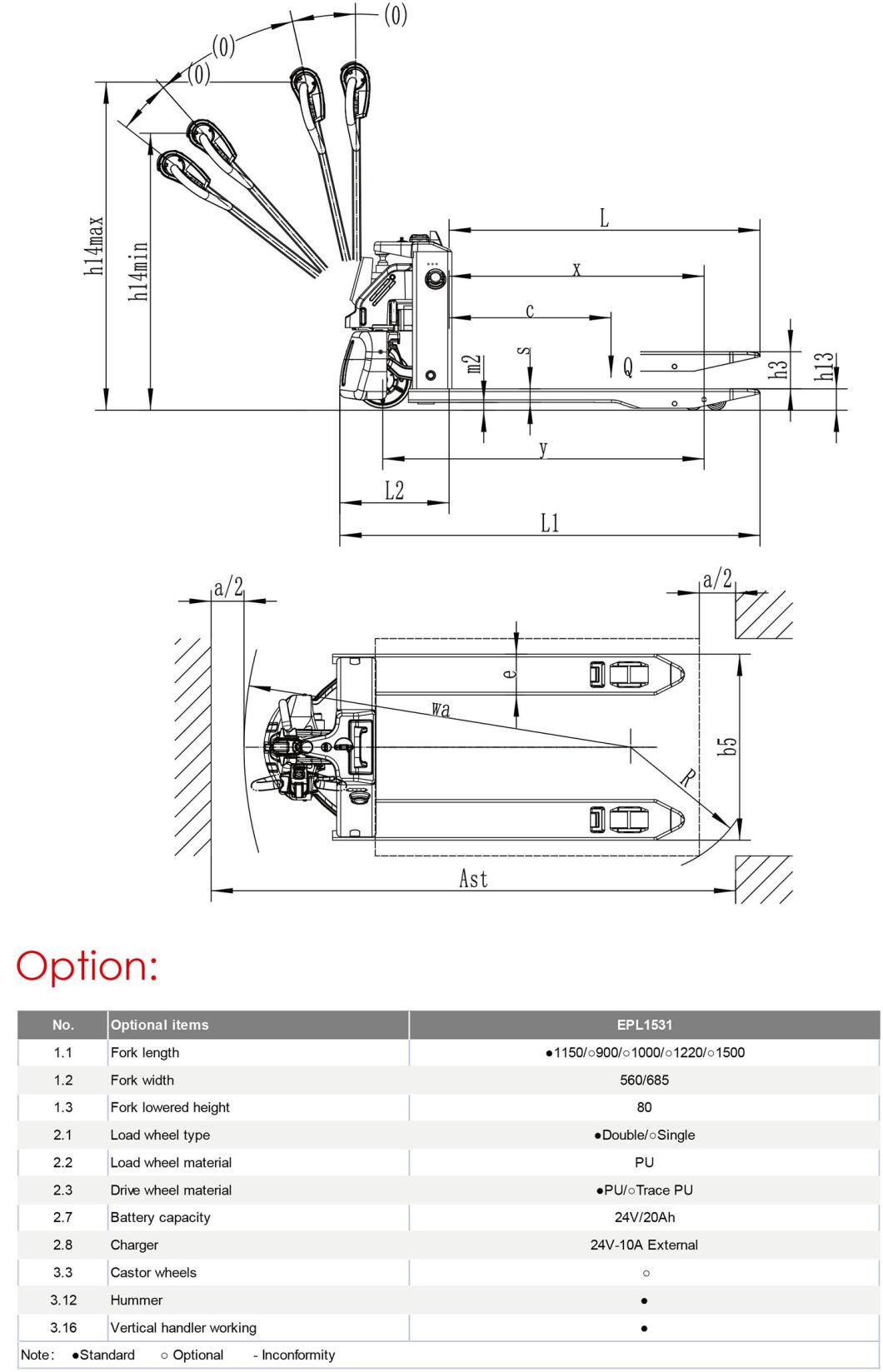 1.5 Ton Full Electric Hand Jack Battery Hydraulic Power Pallet Truck for Forklift