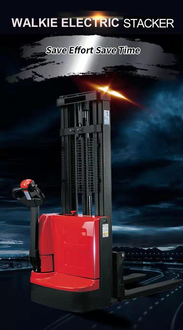 Portable 1.6m 1500kg 33000lbs Hydraulic Walkie Full Electric Stacker with Small Turning Radius for Short Distance