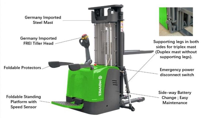 Movmes 2.0 Ton 2000kg Battery Charger Electric Pallet Stacker with Support Leg