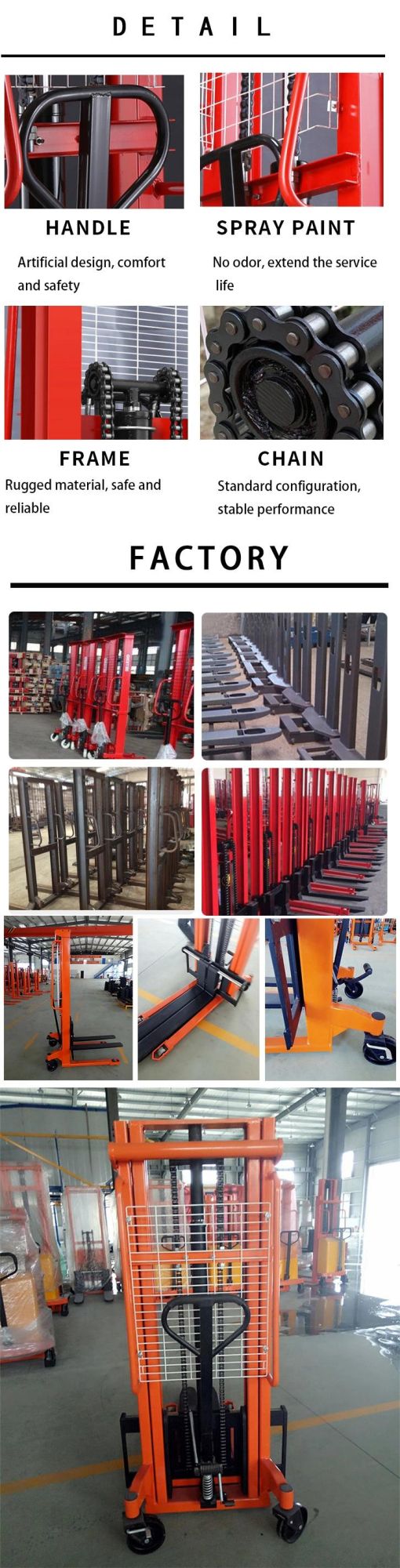 China Factory Hydraulic Lifting Forklift Manual Fork Hand Stacker