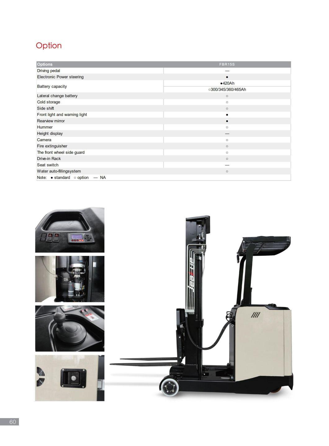 China Factory Price OEM/ODM 1500kg-2000kg Warehouse Industrial High-Quality Stacking Height Electric Stand-on Reach Truck Forklift
