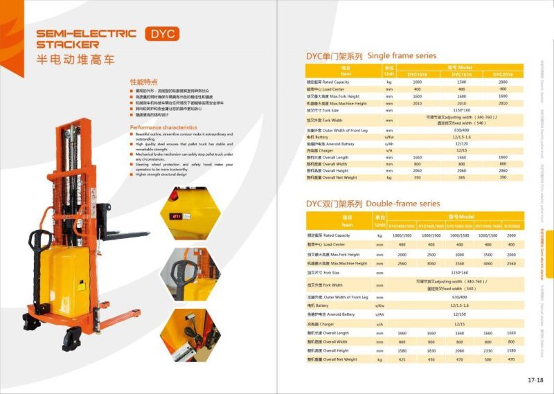 1 Ton 1.5 Ton 2 Ton Single /Double Mast Series Semi Electric Stacker
