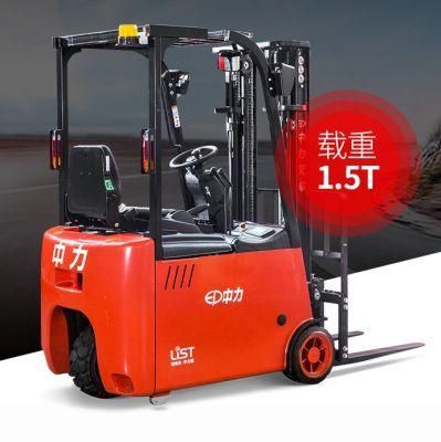 3-Wheel Electric Pallet Forklift Truck 1.5 Ton Rated Load with Lithium Battery