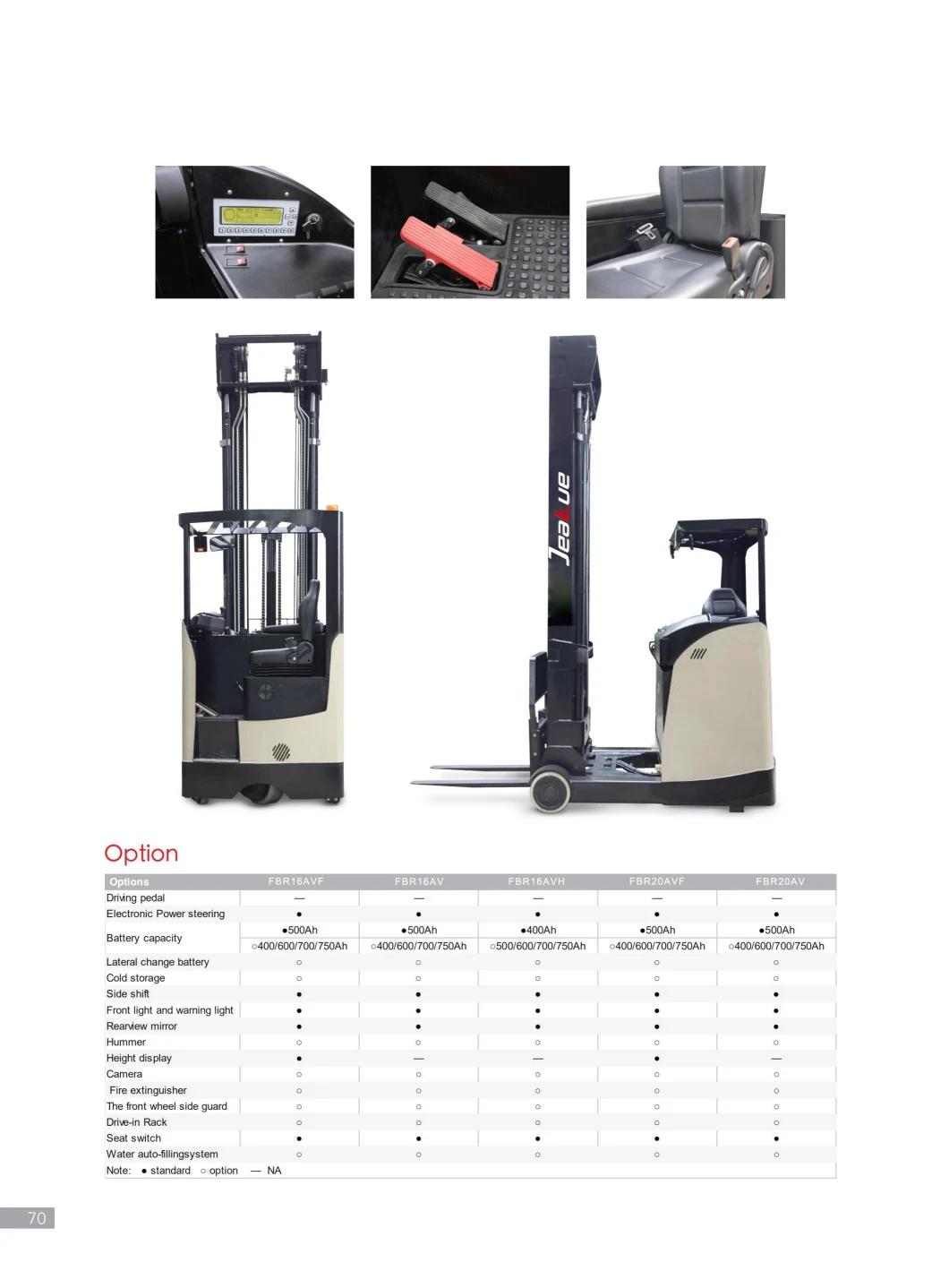 Shanghai Jeakue Sit on Type 1.6ton 2ton Full Electric Reach Forklift with Li Ion Battery or Lead-Acid Battery for Option