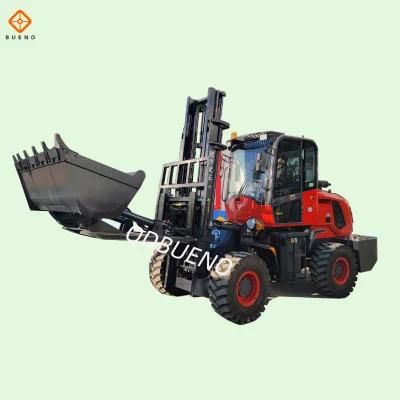 Bueno Brand 2 Ton 3 Ton 5m Lifting Height Diesel Forklift 4WD Rough Terrain Forklift with Cabin