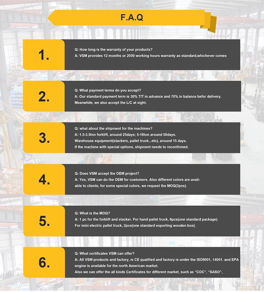 Vsm 1.5ton 2ton 2.5ton 3ton 3.5ton Diesel Forklift Truck with Diesel Engine 3m, 4.5m, 5m, 6m Height