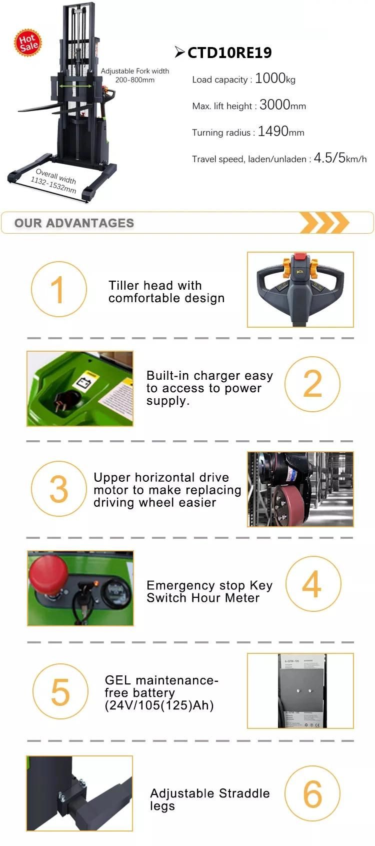 1.0ton 1000kg Straddle Leg Walkie Electric Stacker with Adjustable Forks