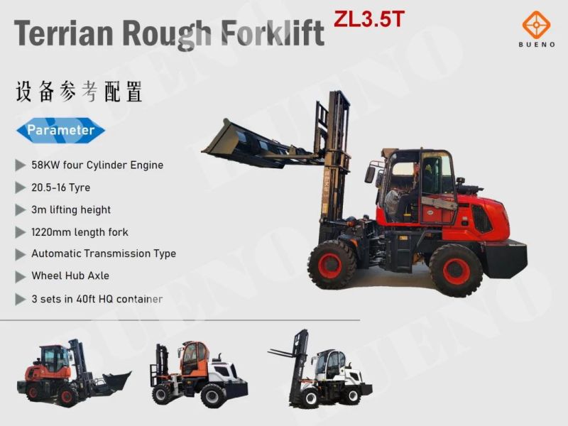 Bueno 3ton 5ton 10ton Forklift off Road Powerful All Terrain Forklift 4WD 15ton Rough Terrain Forklift with Triplex Mast