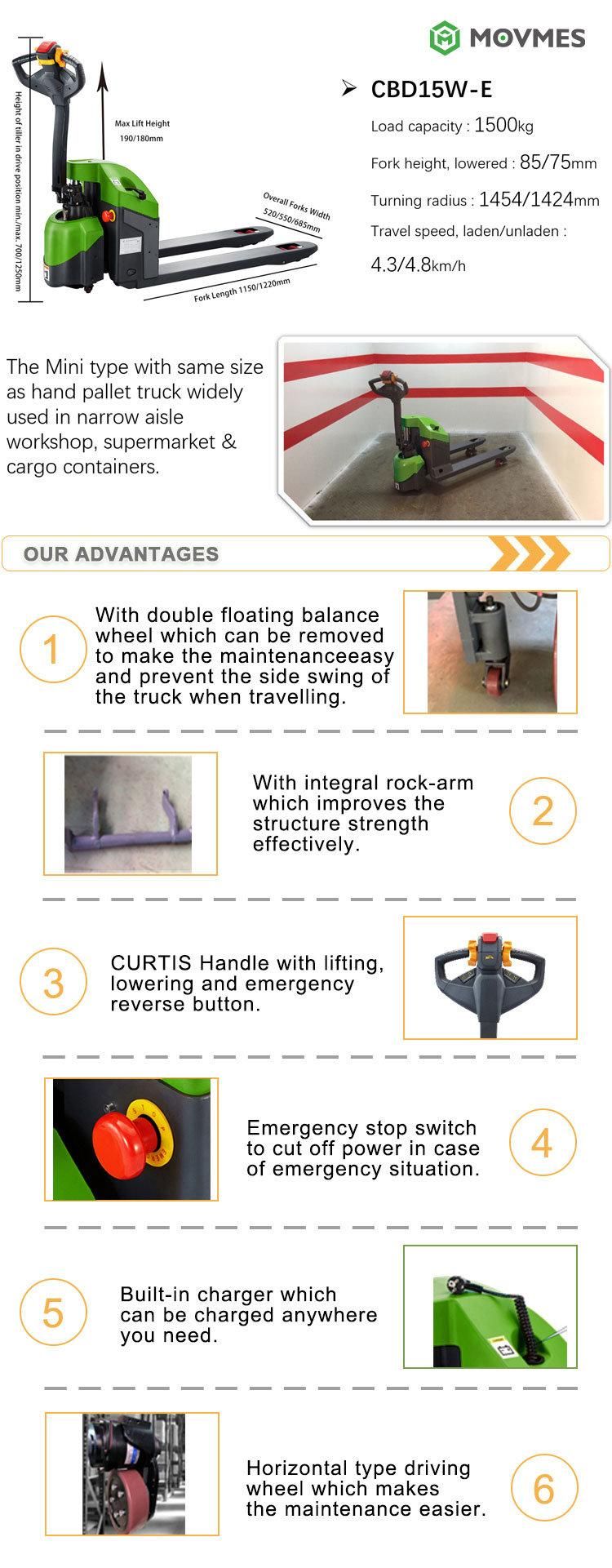 1.5 Ton Battery Electric Pallet Truck Battery Operated Pallet Truck Used in Supermarket and Warehouse
