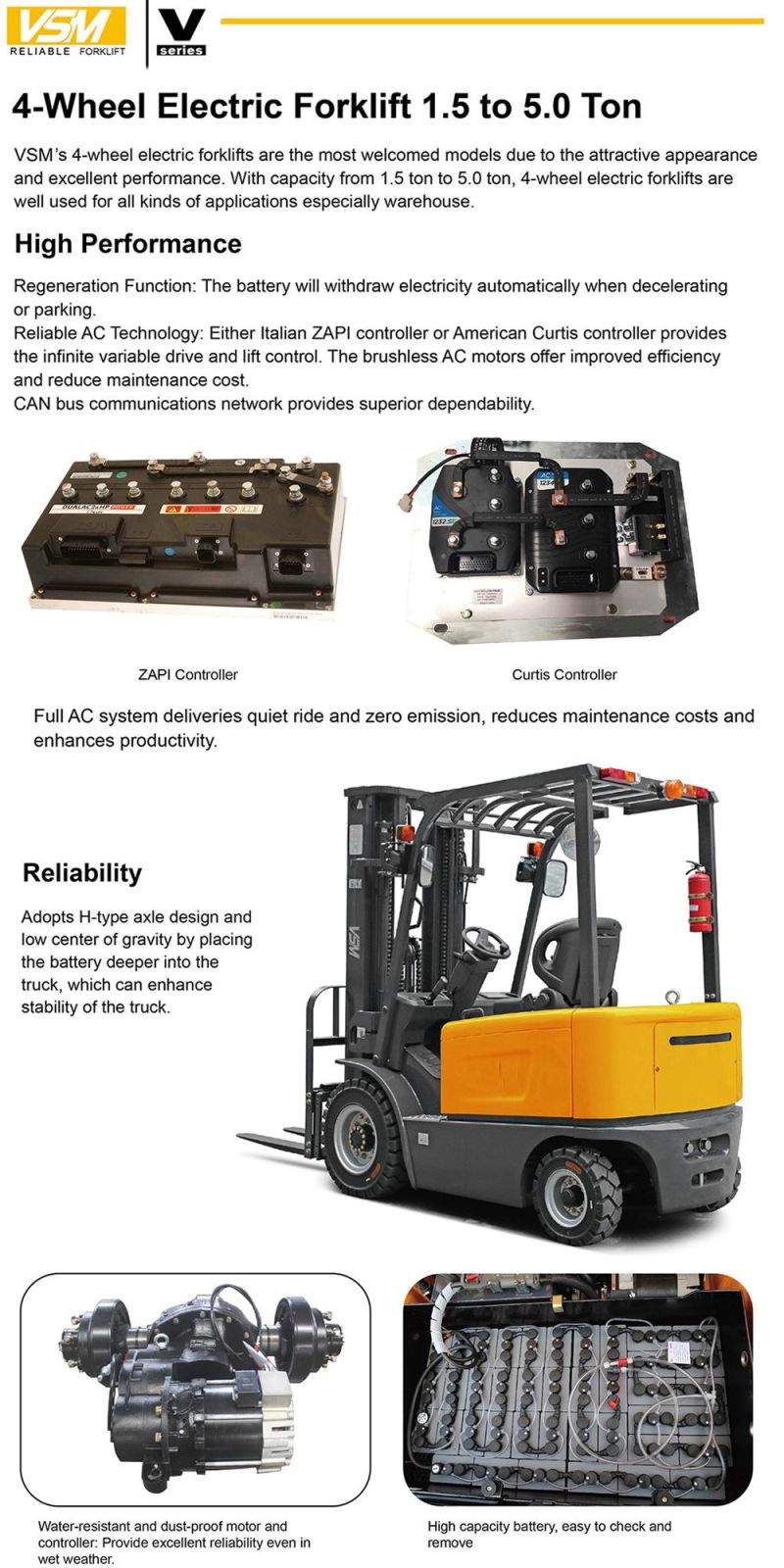 Vsm 1.5ton 1500kgs Electric Forklift, Battery Forklift with Battery Charger