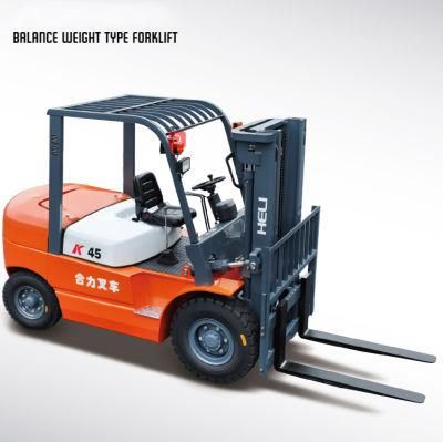 Heli Forklift Truck 4.5 Ton Diesel Forklift with Three Free Stage Mast