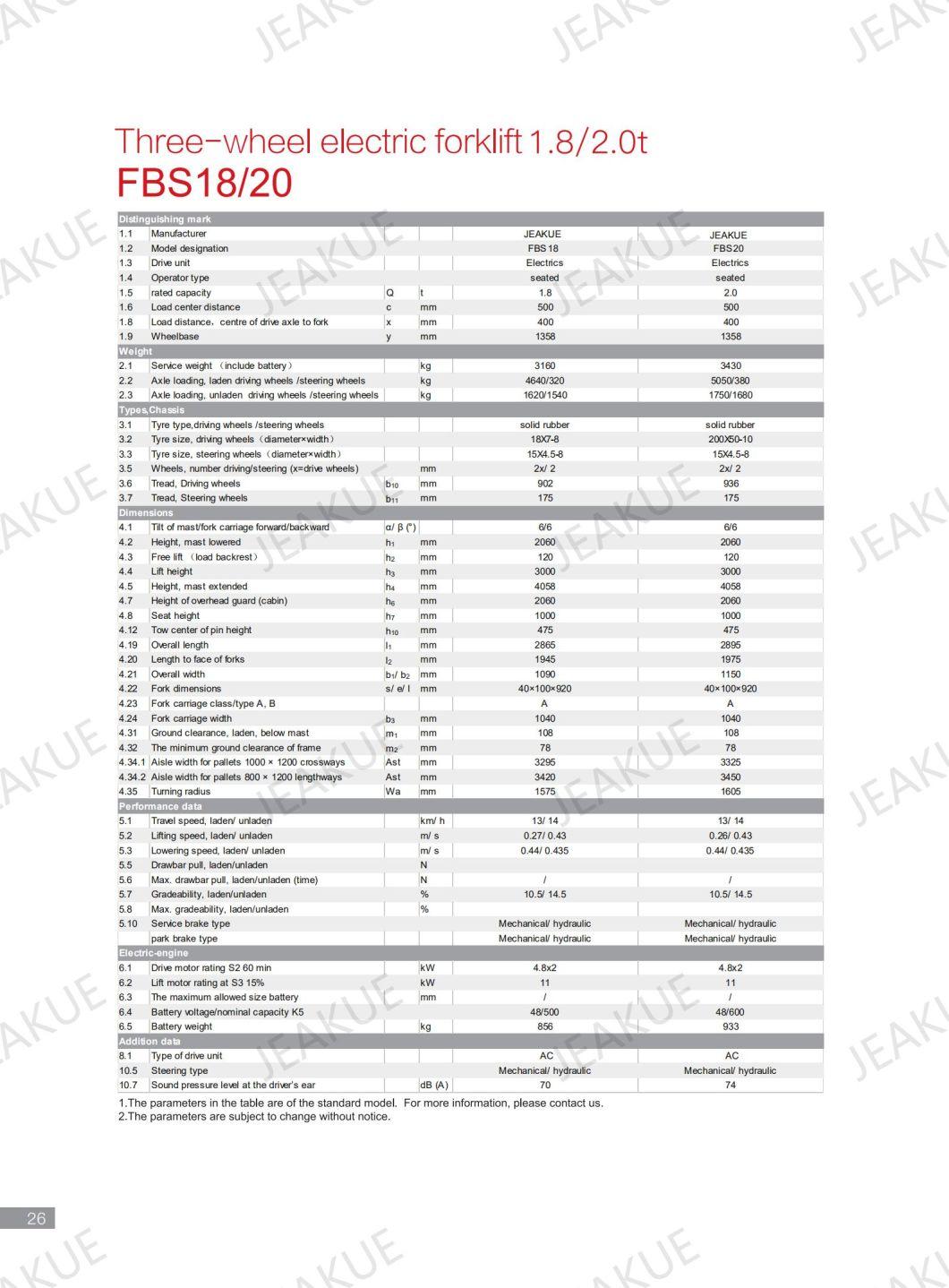 1300 Kg 1500 Kg 1600 Kg1800 Kg 2000 Kg Top Match Three Wheels Battery Forklift