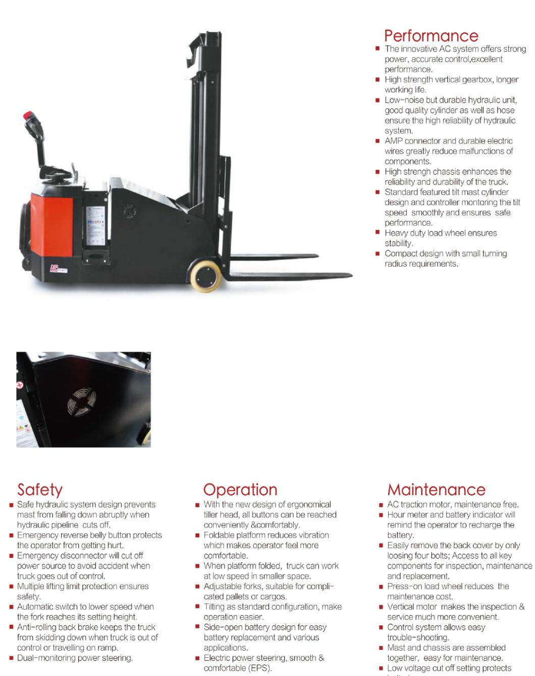 Small Light Duty 1200 1500 Kg Rated Capacity Counterbalanced Electric Standing Stacker Forklift