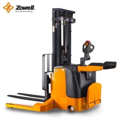 Zowell Standing on Type New Hot Selling 1.5 Ton Electric Straddle Stacker Forklift with 5500 mm Triplex Full Free Mast Lithium Battery
