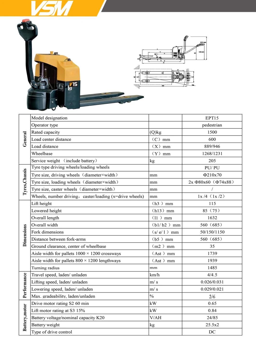 Vsm 1.2ton, 1.5ton, 2.0ton, 1500kgs, 2000kgs, Lithium Electric Pallet Truck on Sale