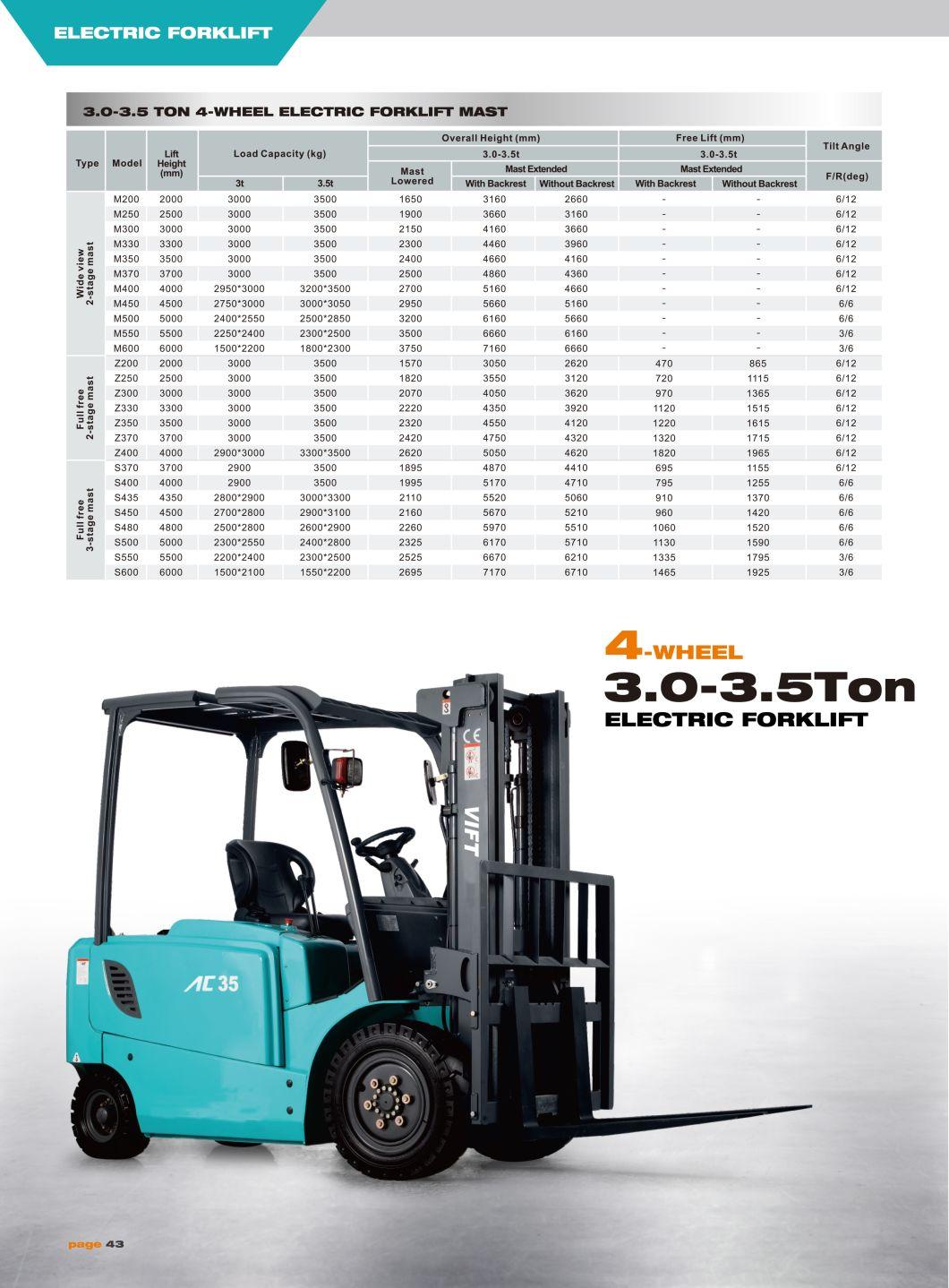 3 Ton 3.5 Ton 4 Wheel Electrical Forklift with Side Shift and Triplex Container Mast Battery Electric Forklift Truck