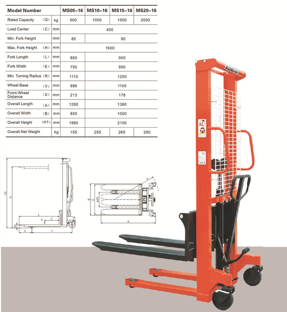 1000kgs Liftinght Height: 1.6meters Manual Hydraulic Hand Stacker