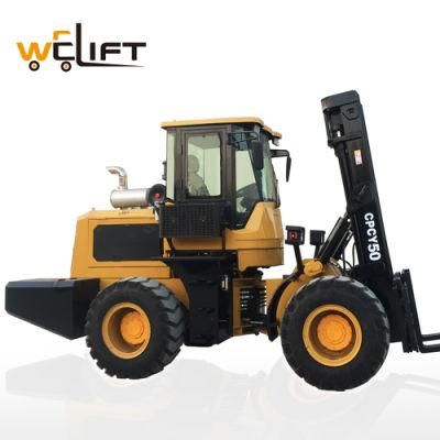 5 Ton 6 Ton Diesel Forklift 4WD All Rough Terrain Forklift Truck with Cabin, All Terrain Fork Lift for Sale Euro 5 Engine