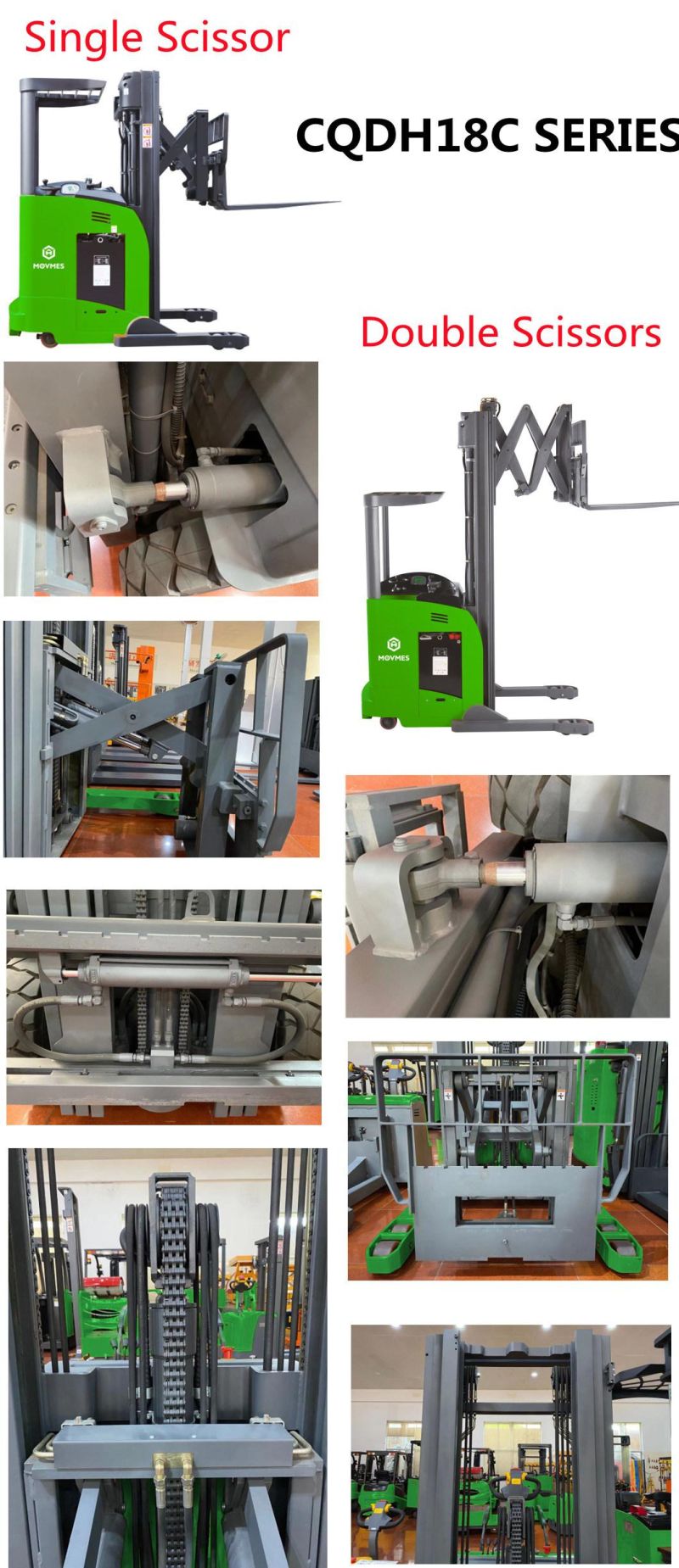 Movmes 1000kg 1ton Capacity Hydraulic Double Scissors Electric Fork Reach Truck Forklift