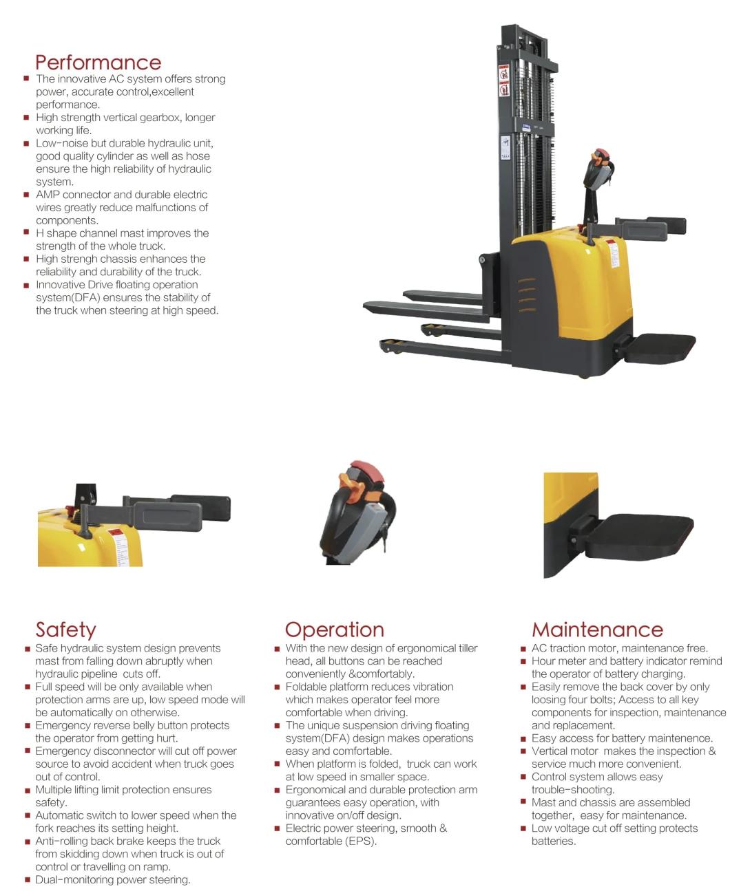 Smart Warehouse Electric Pallet Stacker 1ton 1.2ton 1.5ton 2ton Loading Capacity Standing Pallet Stacker with Lifting Height 3000mm