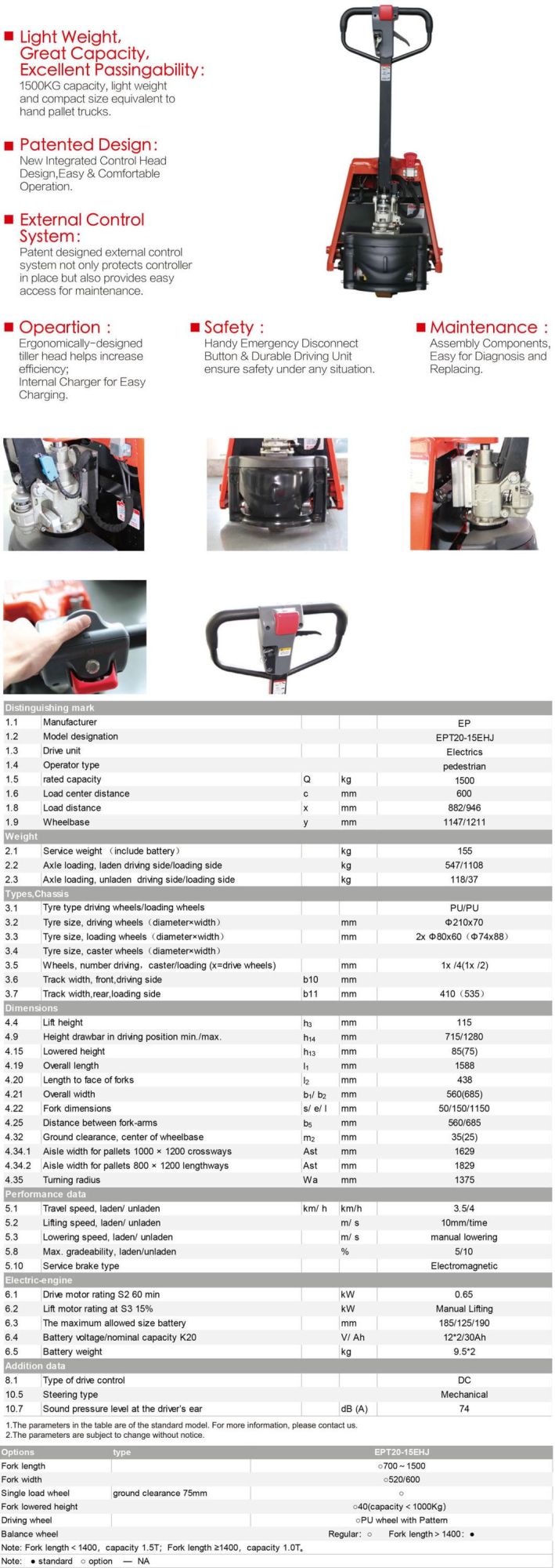 1.5t Economic Semi-Electric Hand Pallet Truck Ept20-15ehj