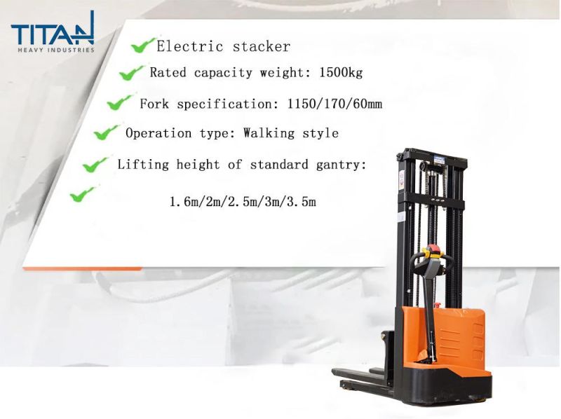 1.5T 2.5m 1200kg, 1500kg Warehouse Equipment Electric Power Pallet Battery Reach Stacker with CURTIS Controller