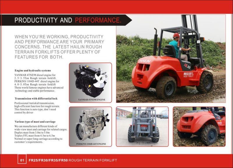 Rough Terrain Forklift 3.5ton, 2 Wheel Drived, Japanese Engine off Road Forklift Diesel Forklift Gasoline Forklift LPG Forklift Dual Fuel Forklift