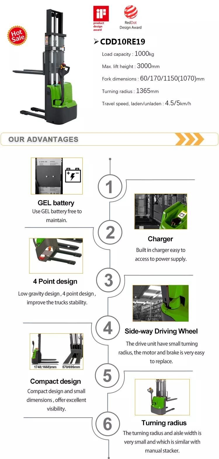 Cdd10re19 1.0 Ton/1.2ton Electric Lift Stacker Truck Used in Shop