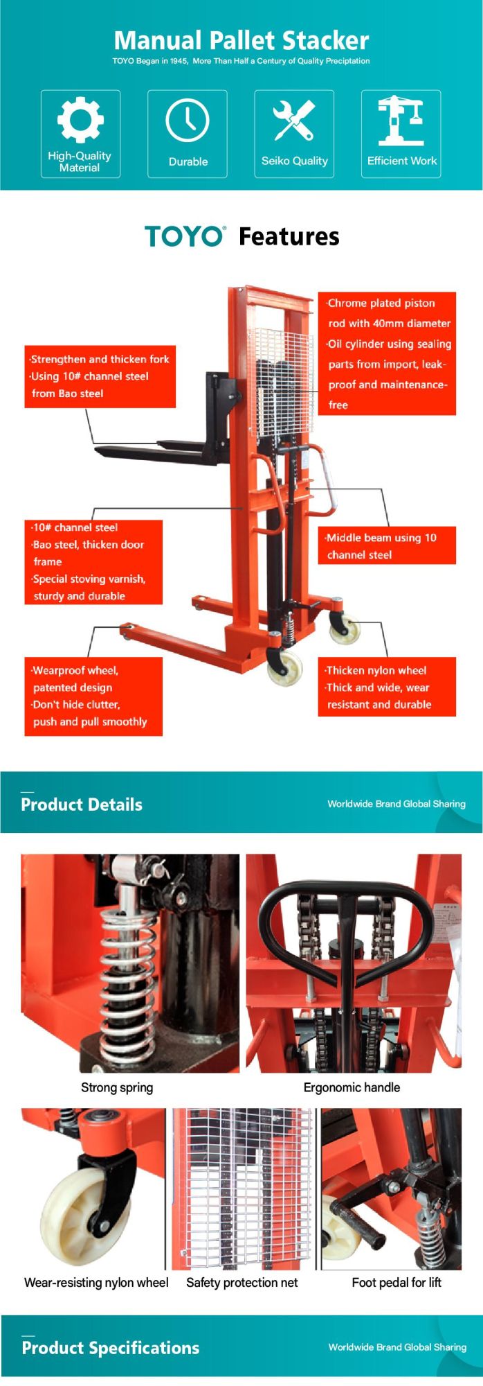1500kg 1.5t Manual Hydraulic Pallet Stacker Hand Lifting Stacker Lifting Tools and Equipment for Warehouse and Factory Use