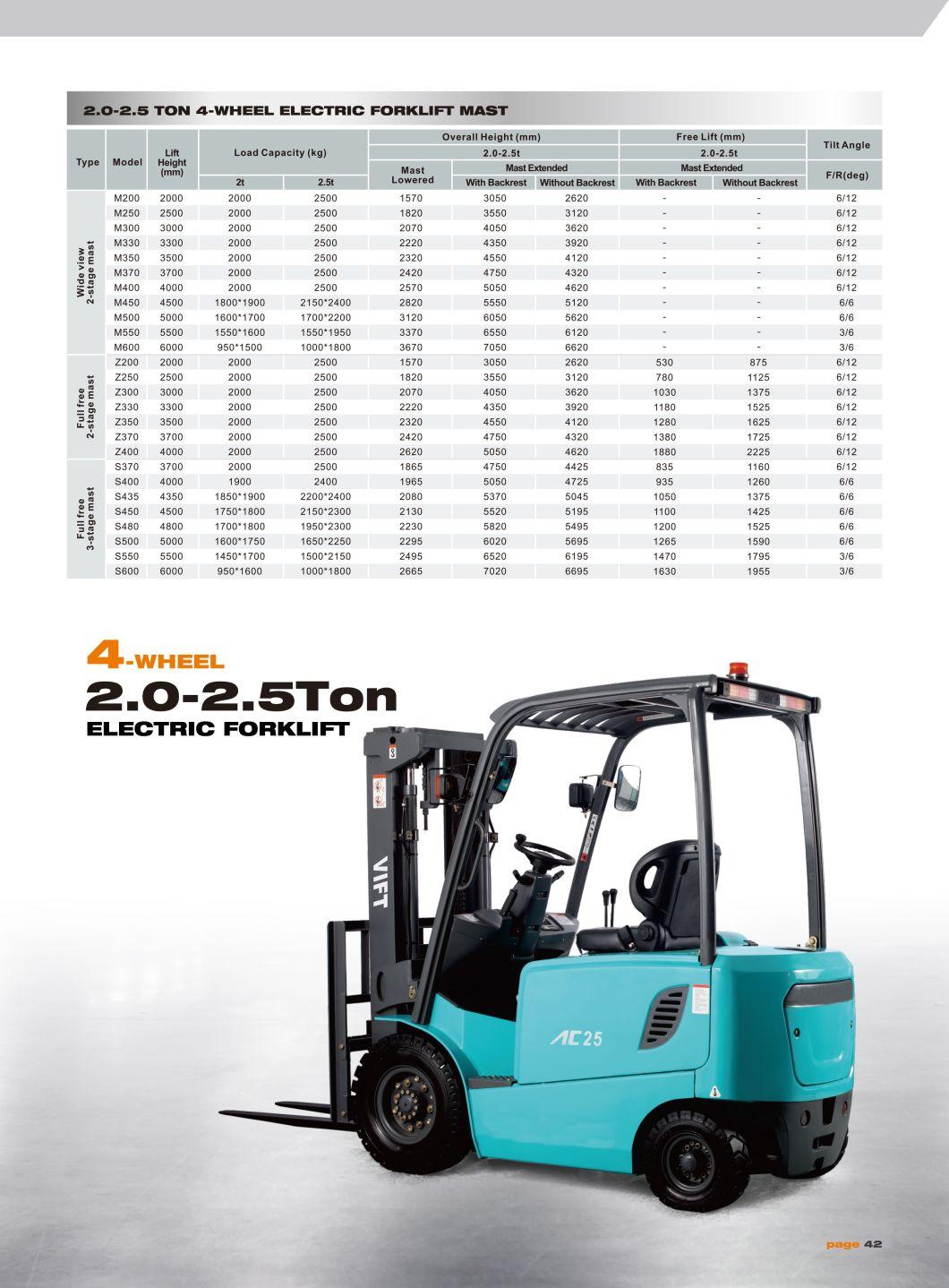 Side Pull Battery Used Cold Storage 2.5t 2500kg Electric Forklift Trucks with 5m Lifting