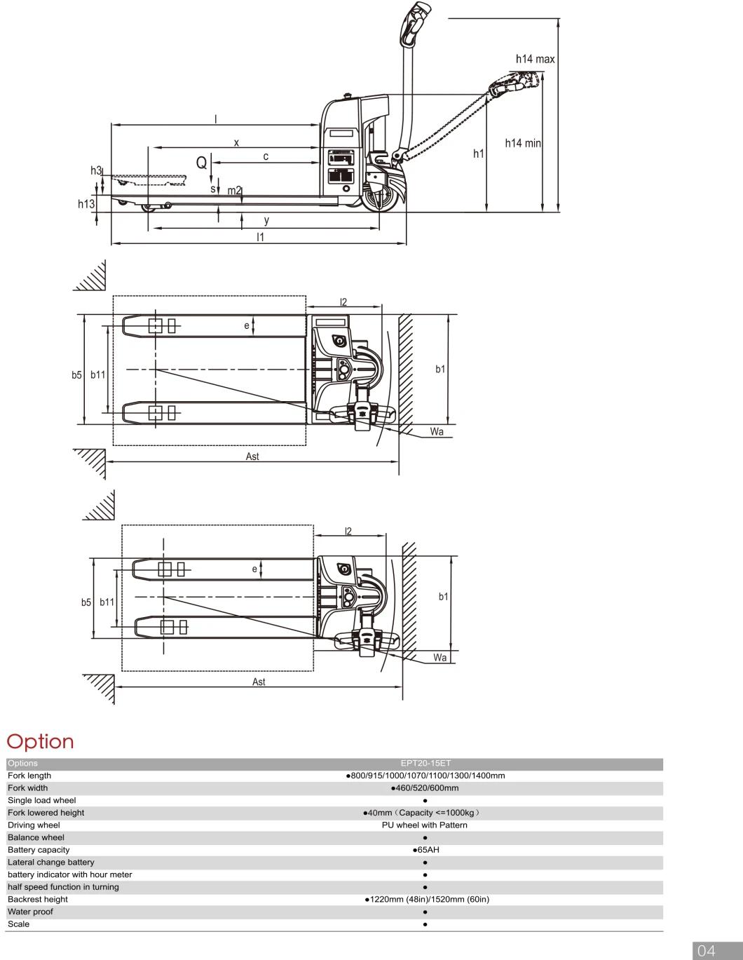 High Quality Portable Electric Power Pallet Truck Forklift 1500kg Capacity for Warehouse Working