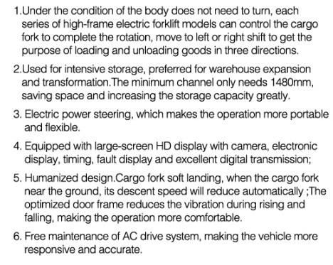 Capacity 1 Ton 1.5ton 2 Ton Lifting 3m 4.5m 5m 6m 7m 8m 9m 10m 11m 12m 3-Way Three-Ways Battery Electric Reach Truck Stacker Truck