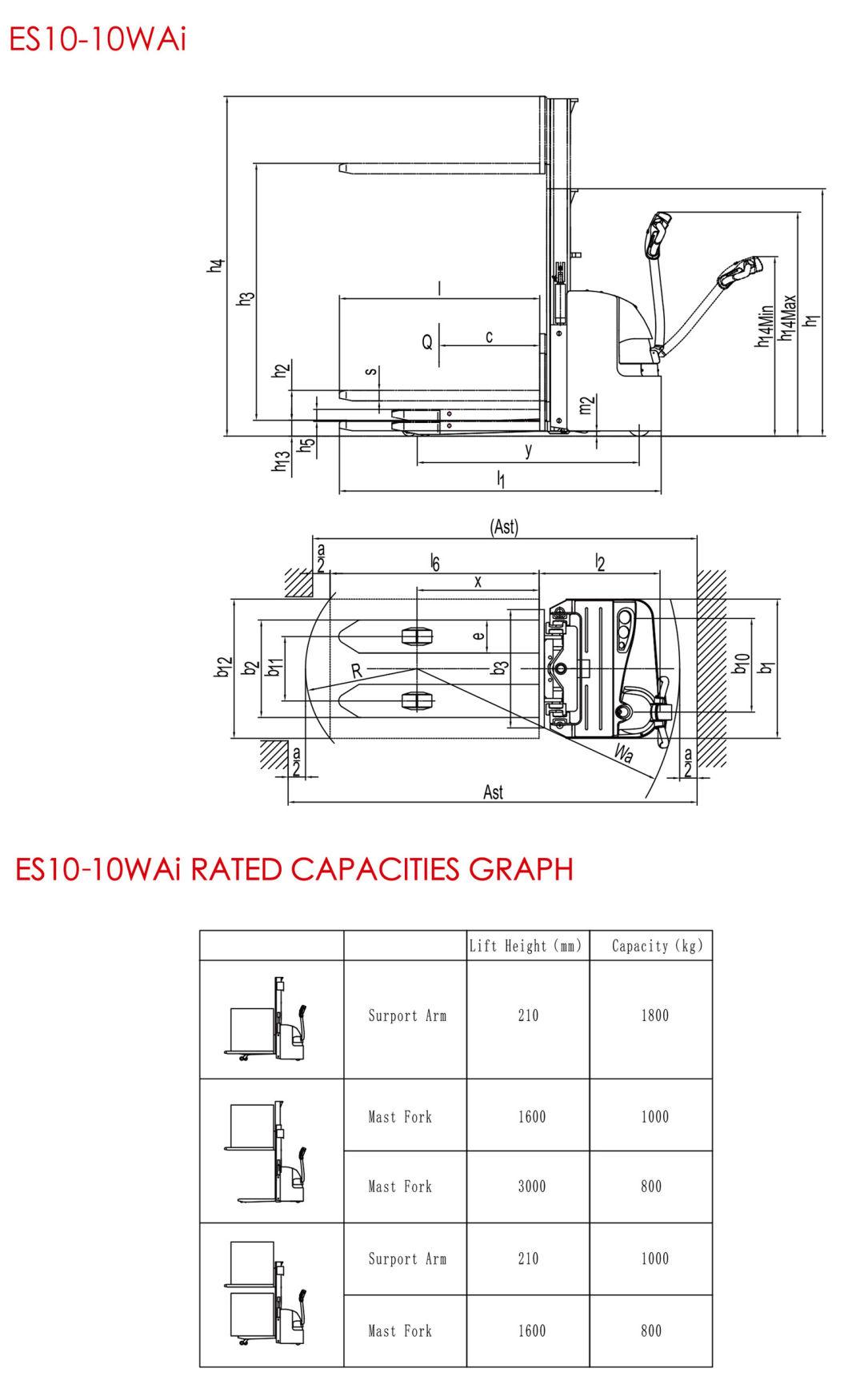 1.0 Ton Electric Stacker with Intitial Lift Battery and Charger